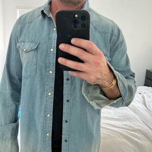 Light wash denim snap button shirt